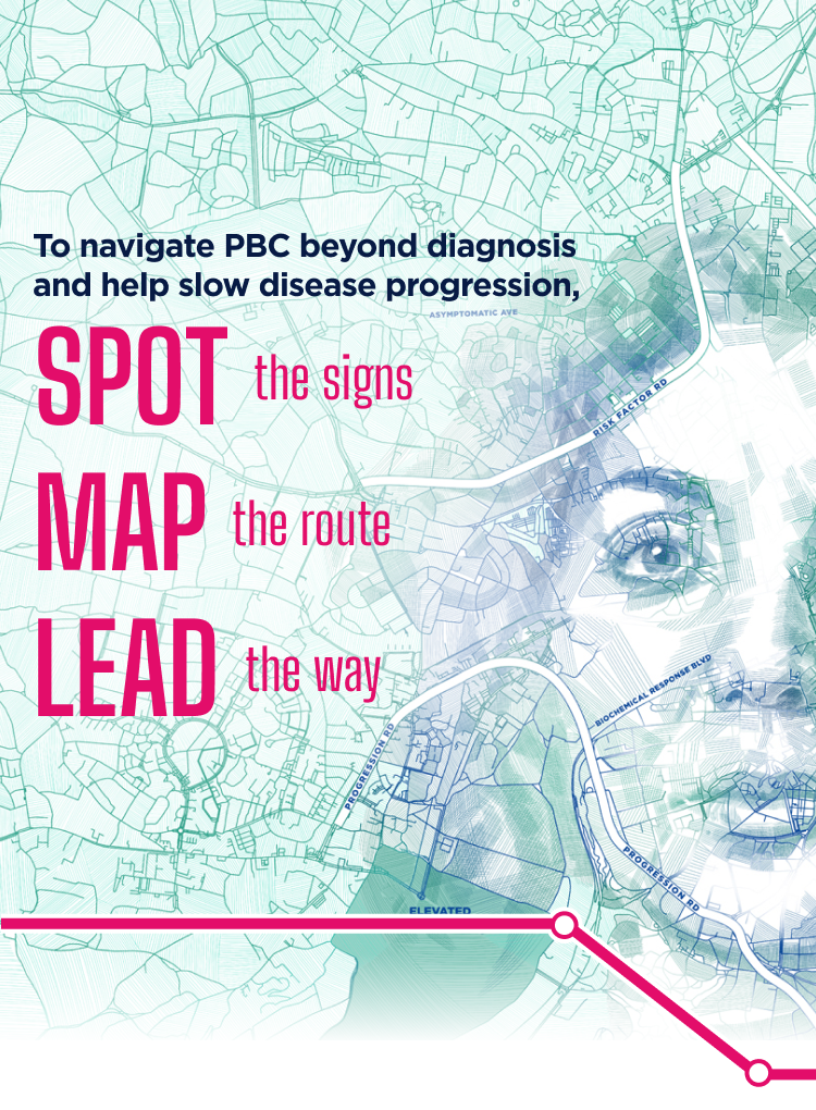 PBC diagnosis map stating SPOT the signs, MAP the route, LEAD the way
